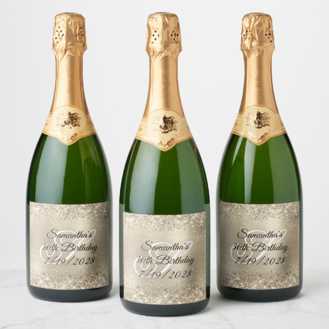 Étiquettes Pour Bouteilles De Vin Mousseux Glittery Pale Gold Foil Monogramme 30e anniversair (Bouteilles)