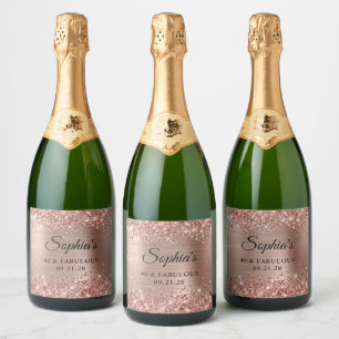Étiquettes Pour Bouteilles De Vin Mousseux Glittery Rose Gold Foil 40 & Fabulous