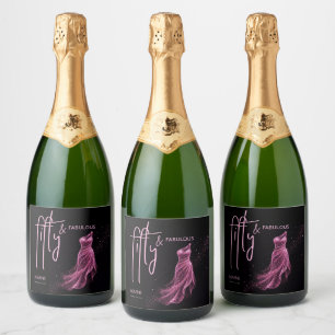 Étiquettes Pour Bouteilles De Vin Mousseux Glittery Rose Noir Chic 50 & Fabuleux Anniversaire