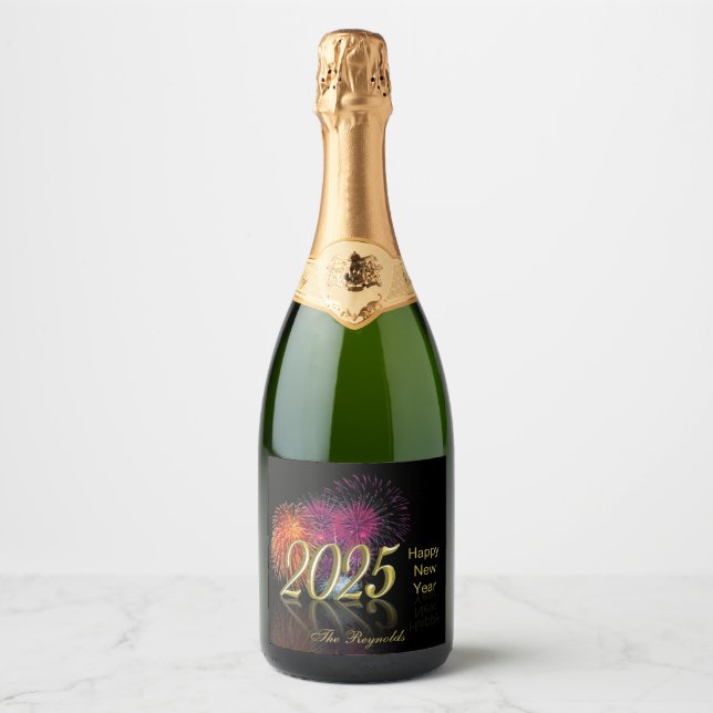 Étiquettes Pour Bouteilles De Vin Mousseux Gold 2025 Fireworks Bonne année (Devant)