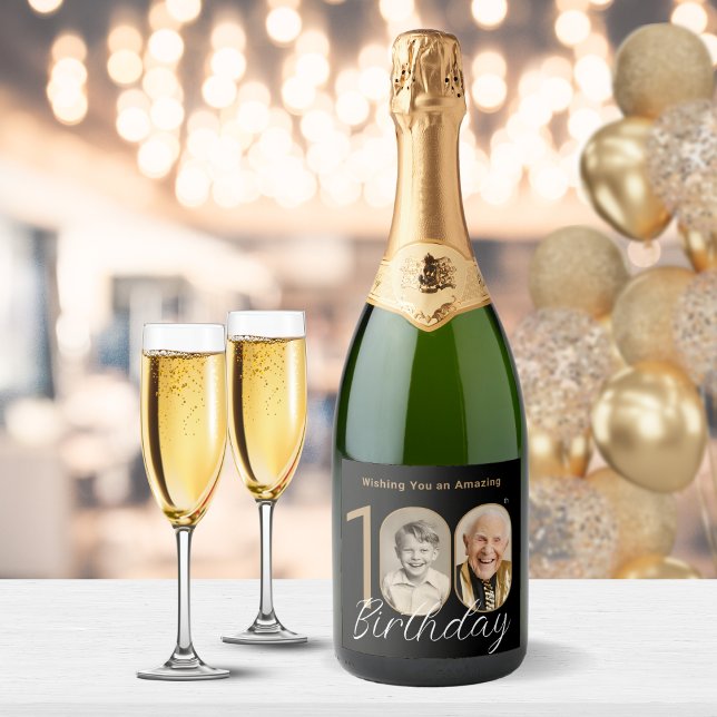 Étiquettes Pour Bouteilles De Vin Mousseux Gold Black Elegant Photo 100th Birthday Gift (Mock Up View)