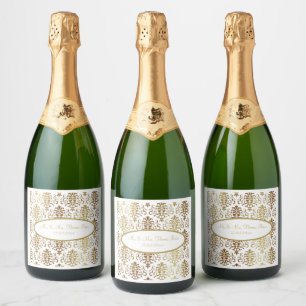 Étiquettes Pour Bouteilles De Vin Mousseux Gold Damask White Script Mariage élégant