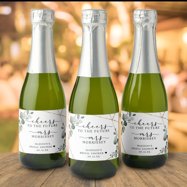 Étiquettes Pour Bouteilles De Vin Mousseux Gold Eucalyptus encourage la Fête des mariées Favo (Gold Eucalyptus Cheers Bridal Shower Favor Sparkling Wine Label)