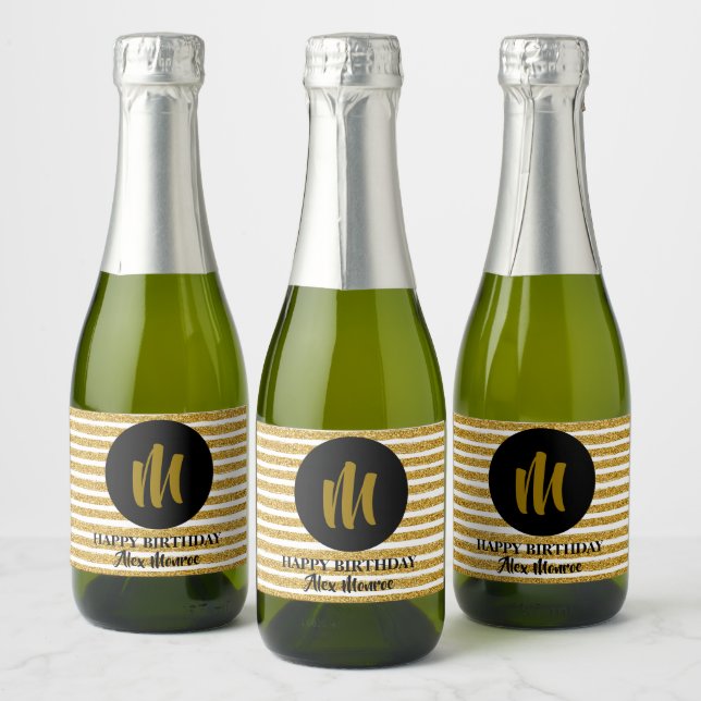 Étiquettes Pour Bouteilles De Vin Mousseux Gold Faux Parties scintillant rayures Monogramme M (Bouteilles)