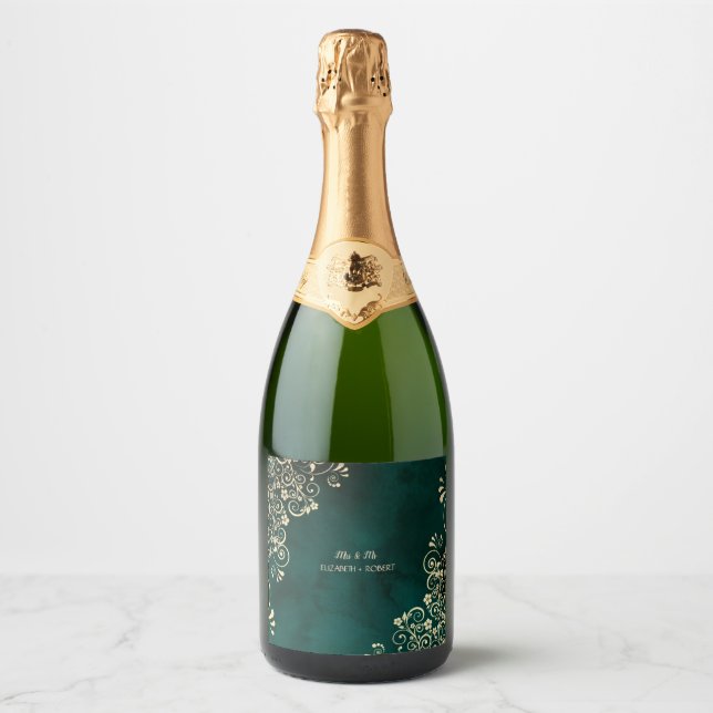 Étiquettes Pour Bouteilles De Vin Mousseux Gold Swirls Emerald Green Wedding  (Devant)