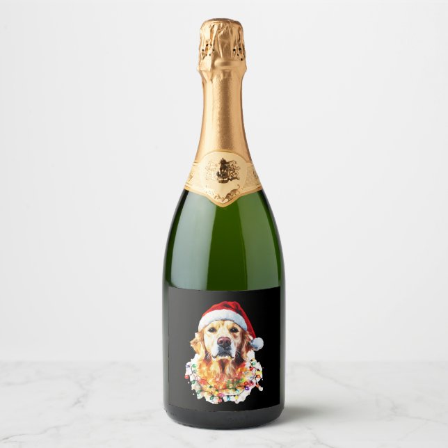 Étiquettes Pour Bouteilles De Vin Mousseux Golden Retriever Funny dog Christmas Santa Hat lig (Devant)