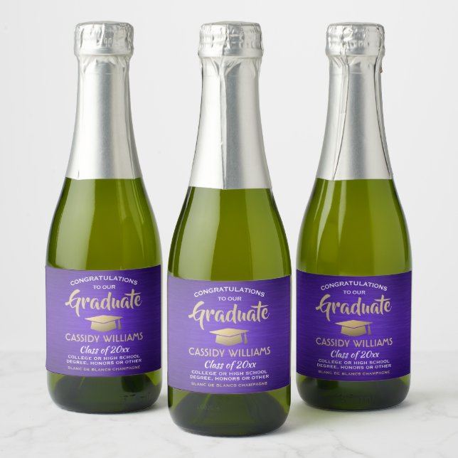 Étiquettes Pour Bouteilles De Vin Mousseux Graduation Brossé Purple Gold & White Mini Split (Bouteilles)