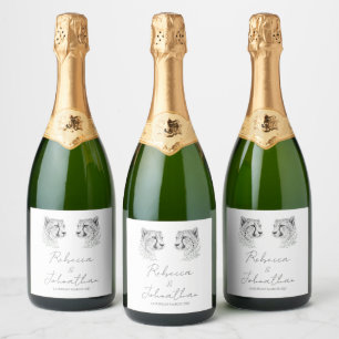 Étiquettes Pour Bouteilles De Vin Mousseux Guépard Élégant Art Mariage Noir Blanc 