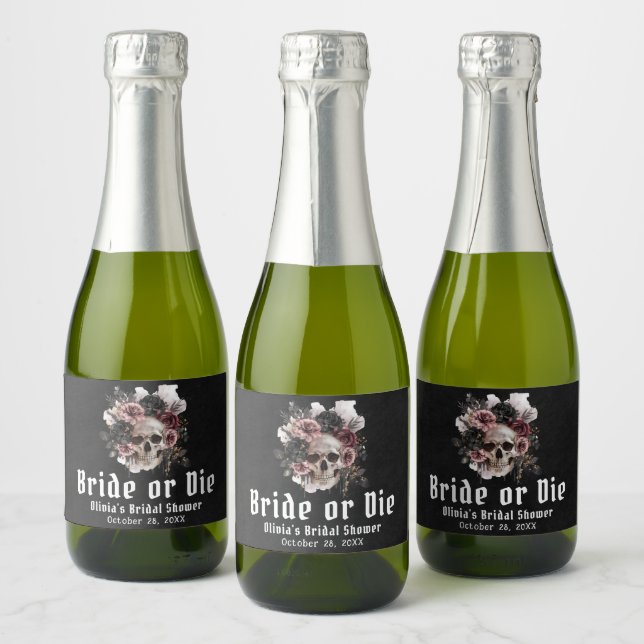 Étiquettes Pour Bouteilles De Vin Mousseux Halloween Fleur Crâne Mariée ou Meurt Réception de (Bouteilles)