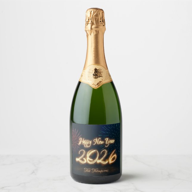 Étiquettes Pour Bouteilles De Vin Mousseux Happy Sparkling New Year 2026 Fireworks (Devant)