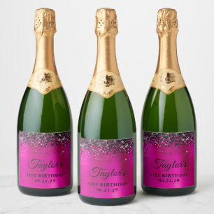 Étiquettes Pour Bouteilles De Vin Mousseux Haut à paillettes noires avec feuille de rose vif 