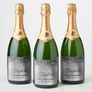 Étiquettes Pour Bouteilles De Vin Mousseux Haut Bordure Pailleté Noir Feuille d'Argent 21e An