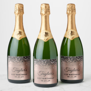 Étiquettes Pour Bouteilles De Vin Mousseux Haut Pailleté Noir Anniversaire 21 Ans Feuille Ros