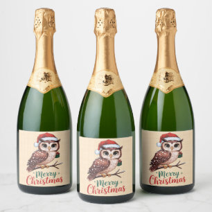 Étiquettes Pour Bouteilles De Vin Mousseux Hibou de Noël - Design Festif Merry Christmas