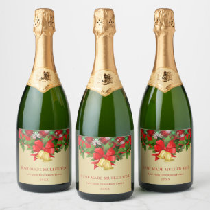 Étiquettes Pour Bouteilles De Vin Mousseux Holly, cloches dorées et flocons de neige Vin de N