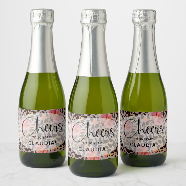 Étiquettes Pour Bouteilles De Vin Mousseux Imprimé animal léopard floral rose tropical mini (Bouteilles)