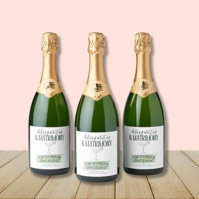 Étiquettes Pour Bouteilles De Vin Mousseux Invitation de Fiançailles et de célibat pour Margs (Fiesta-themed champagne label with green accents – perfect for a bubbly bridal celebration!)