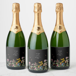 Étiquettes Pour Bouteilles De Vin Mousseux Jardin de mariage bohème noir à l'aquarelle avec f