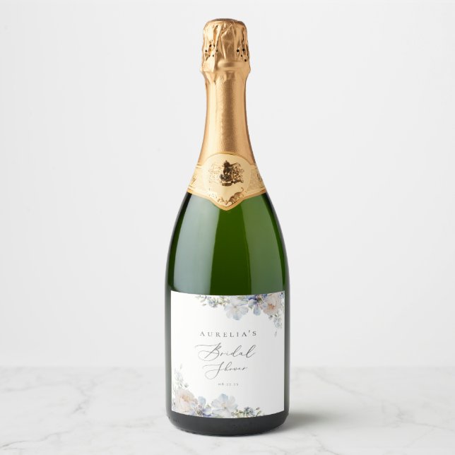 Étiquettes Pour Bouteilles De Vin Mousseux Jardin floral bleu poussiéreux Shower de mariage (Devant)