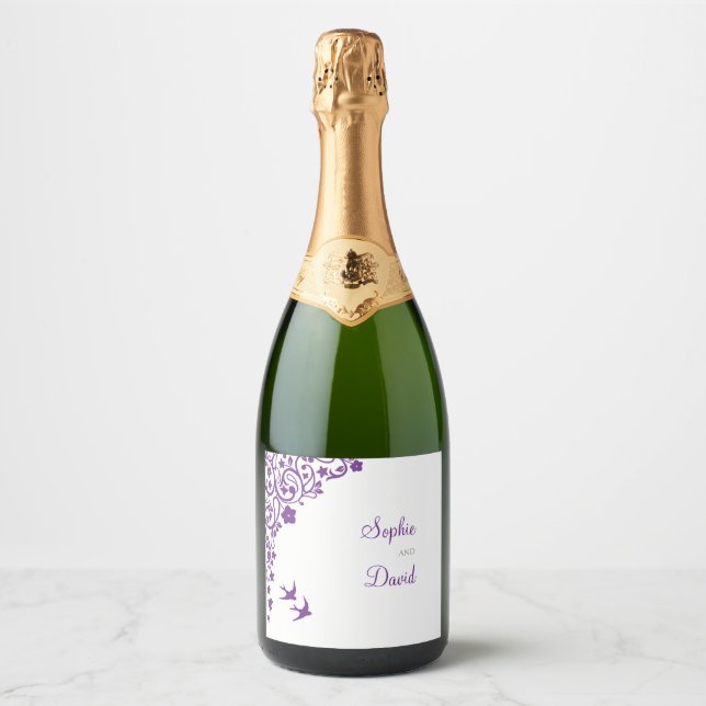 Étiquettes Pour Bouteilles De Vin Mousseux Jardin secret violet Mariage Lovebirds Floral (Devant)