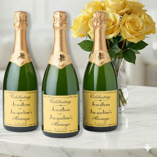 Étiquettes Pour Bouteilles De Vin Mousseux Jaune Chaud Mariage Simple Élégant Écriture Noir