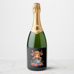 Étiquettes Pour Bouteilles De Vin Mousseux Joli bébé vache des Highlands avec fleurs Veau Ani
