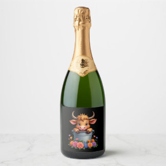 Étiquettes Pour Bouteilles De Vin Mousseux Joli bébé vache des Highlands avec fleurs Veau Ani