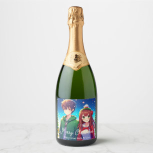Étiquettes Pour Bouteilles De Vin Mousseux Joli couple d'anime   Joyeux Noël 