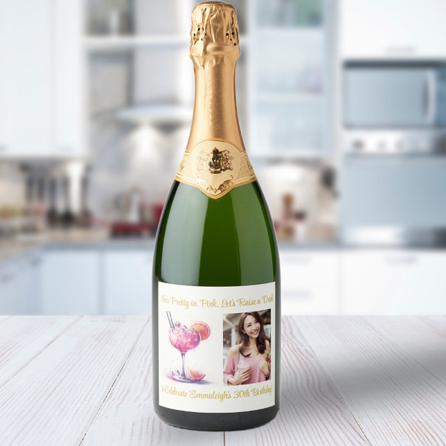 Étiquettes Pour Bouteilles De Vin Mousseux Joli en rose thème Cocktail Anniversaire (Créateur téléchargé)