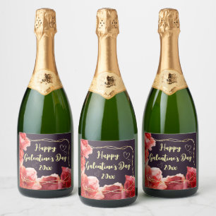 Étiquettes Pour Bouteilles De Vin Mousseux Joyeuse fête de Galentine's Day Fleur Rouge sombre