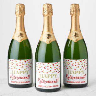 Étiquettes Pour Bouteilles De Vin Mousseux Joyeuse retraite Red Gold Confetti