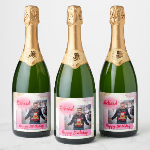 Étiquettes Pour Bouteilles De Vin Mousseux Joyeux Anniversaire rose Gradient Moderne Ajouter
