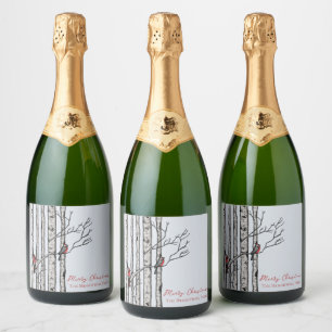 Étiquettes Pour Bouteilles De Vin Mousseux Joyeux bouleaux de Noël et oiseaux cardinaux rouge