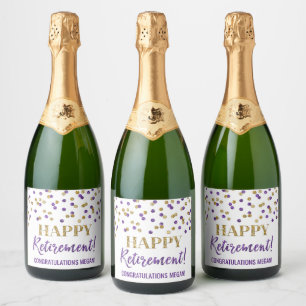 Étiquettes Pour Bouteilles De Vin Mousseux Joyeux Confetti d'or mauve à la retraite