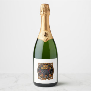 Étiquettes Pour Bouteilles De Vin Mousseux Joyeux Halloween Chat Noir Citrouilles Os_1