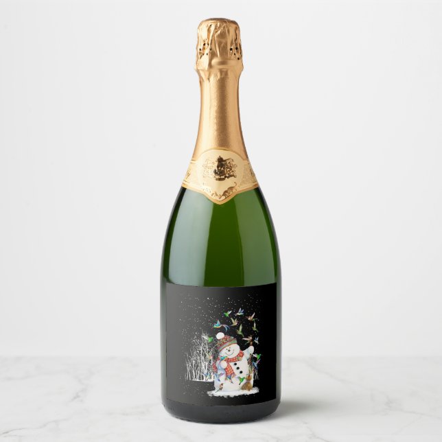 Étiquettes Pour Bouteilles De Vin Mousseux Joyeux Noël au colibri Snowman (Devant)
