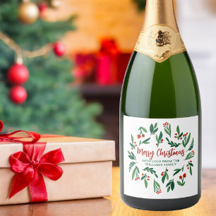 Étiquettes Pour Bouteilles De Vin Mousseux Joyeux Noël Festif Holly Berry Personnalisé