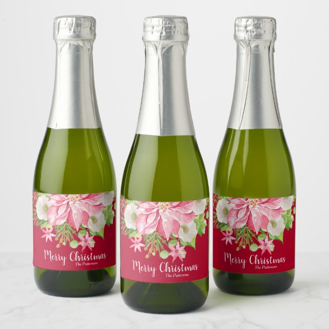 Étiquettes Pour Bouteilles De Vin Mousseux Joyeux Noël Floral Poinsettia Vacances Mini Rouge (Bouteilles)