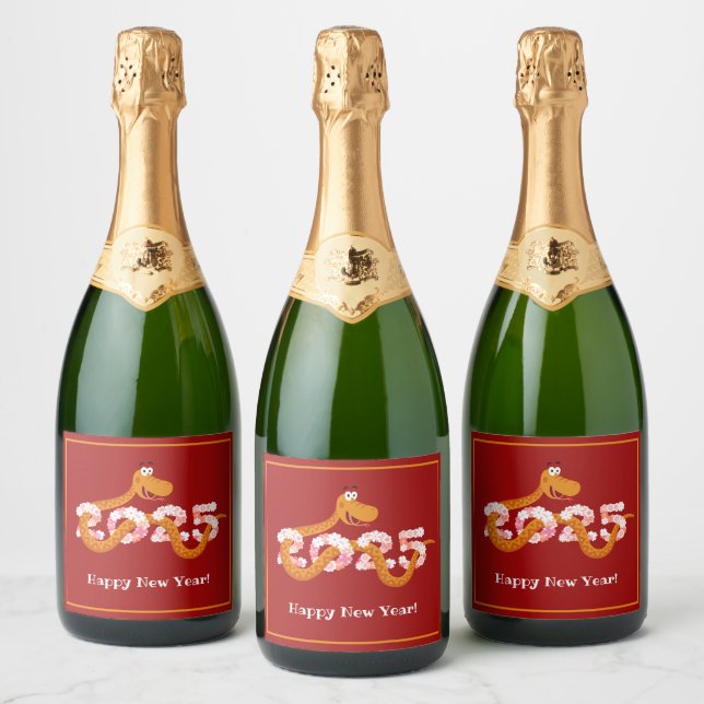 Étiquettes Pour Bouteilles De Vin Mousseux Joyeux Nouvel An Lunaire Chinois Serpent 2025 (Bouteilles)