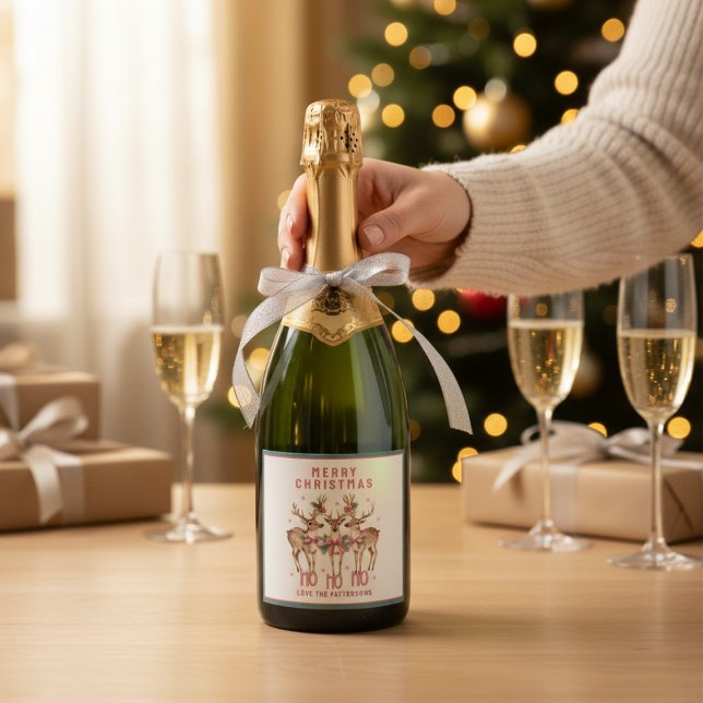 Étiquettes Pour Bouteilles De Vin Mousseux Joyeux rennes de Noël Nom personnalisé (Créateur téléchargé)