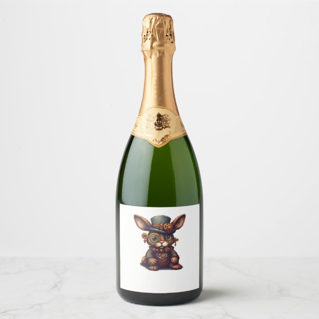 Étiquettes Pour Bouteilles De Vin Mousseux Lapin en tenue mécanique steampunk, lapin vibrant (Devant)