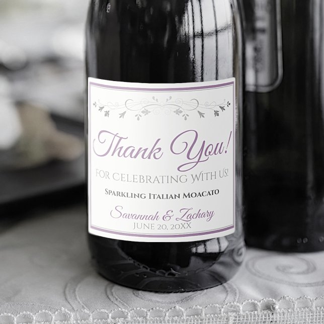 Étiquettes Pour Bouteilles De Vin Mousseux Lavande violet et gris Merci de mariage élégant (Créateur téléchargé)