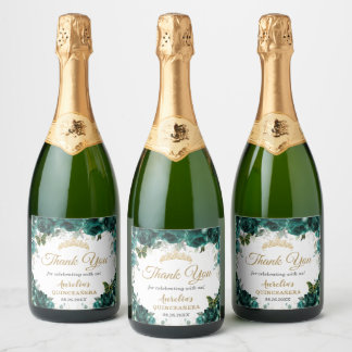 Étiquettes Pour Bouteilles De Vin Mousseux Les papillons Rose Emerald Green Floral Favorisent