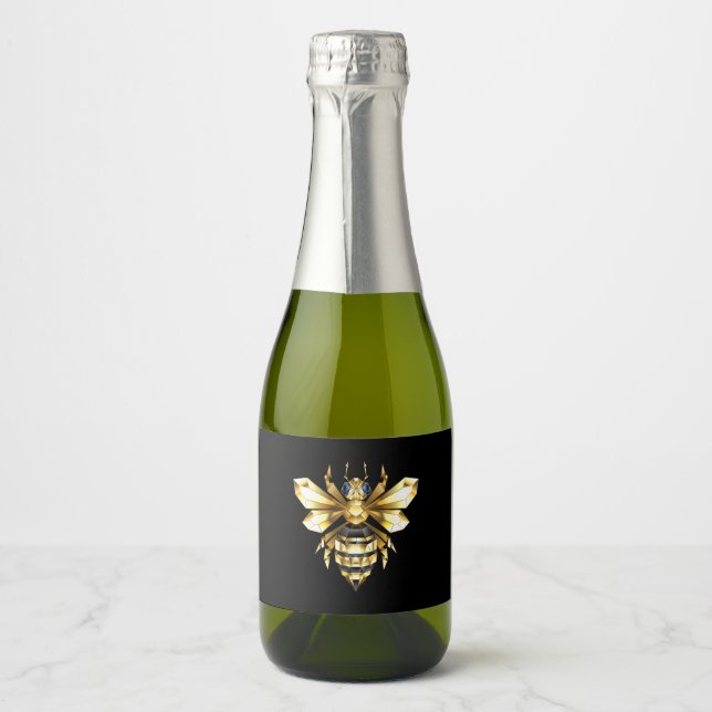 Étiquettes Pour Bouteilles De Vin Mousseux Logo Faux Gold Foil Bee Polygonal sur Noir (Devant)