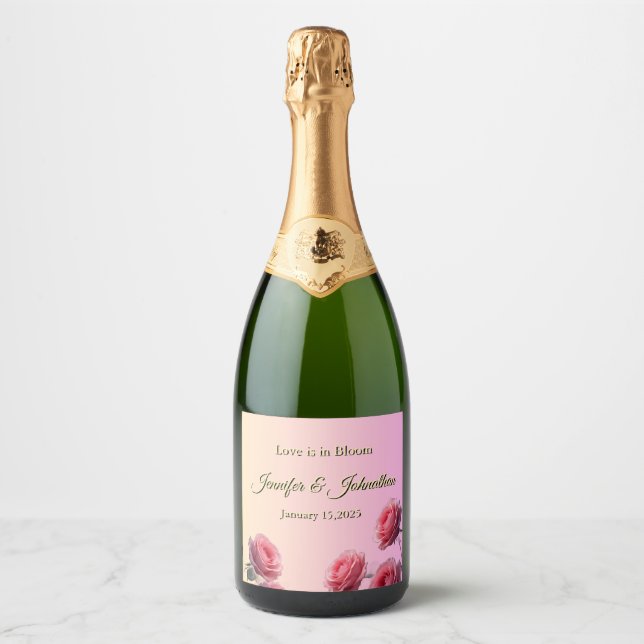 Étiquettes Pour Bouteilles De Vin Mousseux Love is in Bloom Pink Roses Blush Background  (Devant)