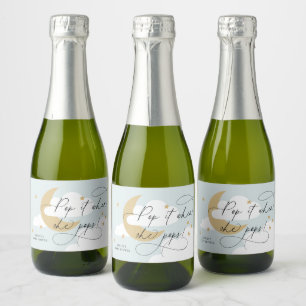 Étiquettes Pour Bouteilles De Vin Mousseux Lune et étoiles Script bleu Pop It When She Pops