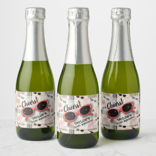Étiquettes Pour Bouteilles De Vin Mousseux Lunettes de soleil Palmiers Flamants Rayures Rétro