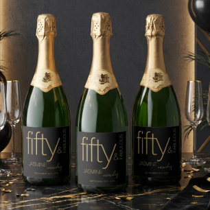 Étiquettes Pour Bouteilles De Vin Mousseux Luxueux Noir Or Cinquante et Fantastique Anniversa