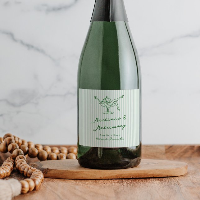 Étiquettes Pour Bouteilles De Vin Mousseux Main Whimsical Tirée Vert Martinis & Mariage (Créateur téléchargé)