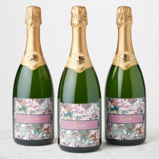 Étiquettes Pour Bouteilles De Vin Mousseux Marbre vert et rose personnalisé Abstrait personna